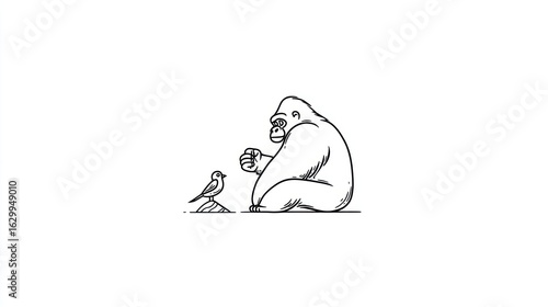 A gorilla and a bird in a simple line drawing