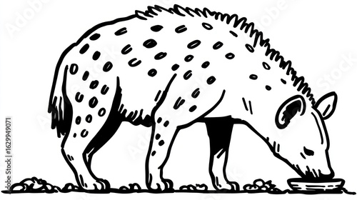 A black and white illustration of a spotted hyena