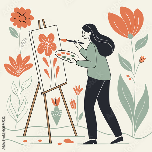 Woman painting flowers on canvas with palette and brush in creative art studio flat vector illustration