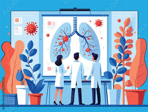 Healthcare professionals examining human lungs affected by a virus. Medical vector illustration.