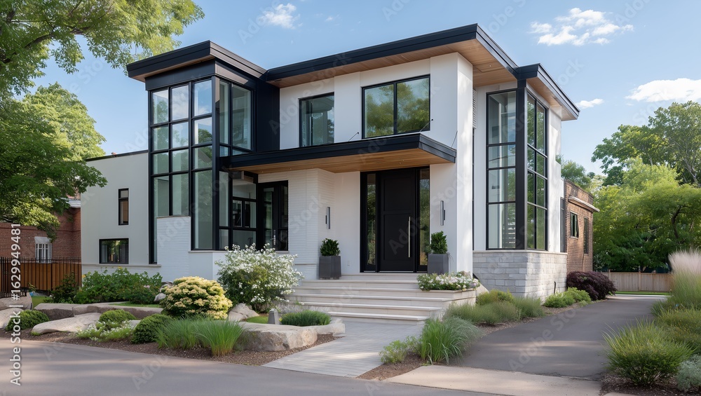 modern house with black windows and doors, white walls, and glass accents daytime modern house with black windows and doors, white walls, and glass accents daytime