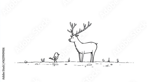 Simple line drawing of a deer and a bird