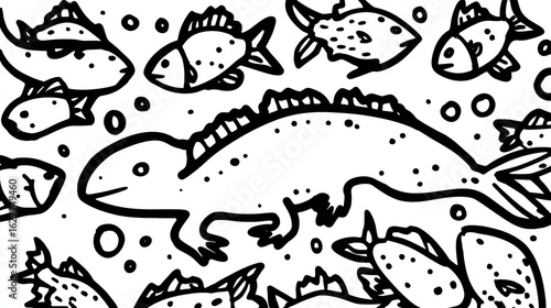 Black and white illustration of a lizard and fish