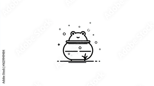 Simple line art frog in a round fishbowl