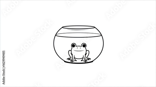 Simple black and white illustration of a frog in a fishbowl