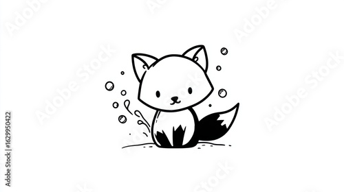 Cute cartoon fox in simple black and white line art style