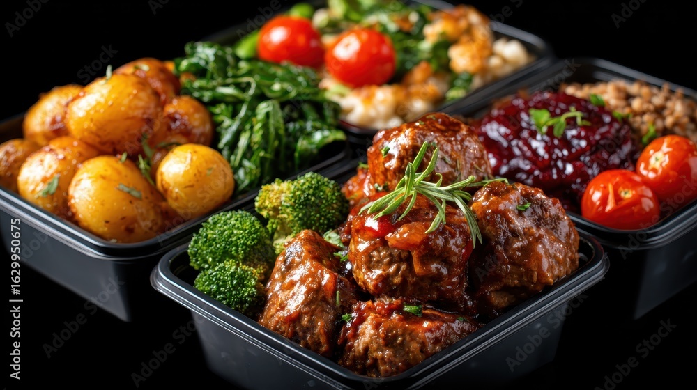 A beautifully arranged meal featuring meatballs, vegetables, and sauces showcases the art of dining, presenting a feast for the eyes that stimulates appetite and enjoyment. A beautifully arranged meal featuring meatballs, vegetables, and sauces showcases the art of dining, presenting a feast for the eyes that stimulates appetite and enjoyment.