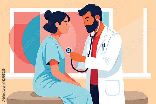 Doctor examining a female patient with a stethoscope during a medical checkup vector illustration.