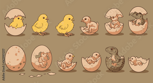 Cute cartoon chicken and dinosaur hatchlings emerging from eggs, depicting the life cycle of birds and reptiles.