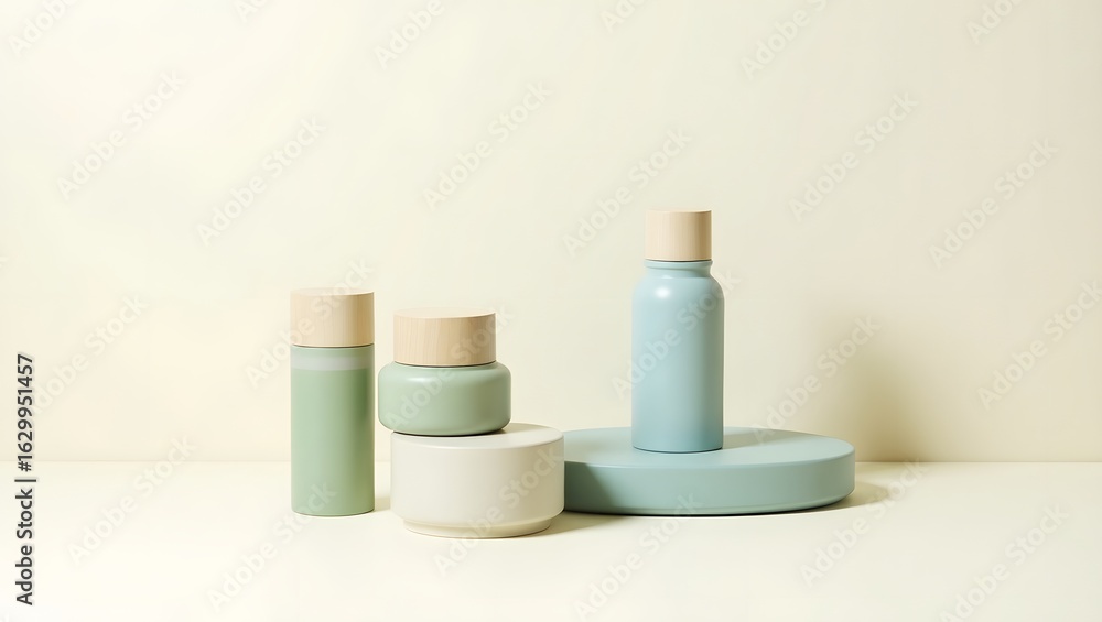 Naklejka premium Serene pastel green and blue cosmetic containers on minimalist display platforms against a soft beige backdrop.