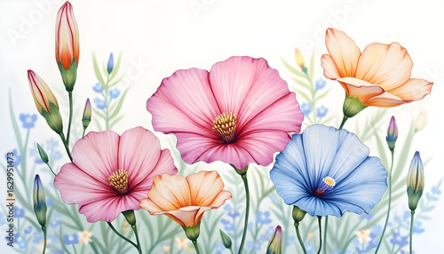 Wallpaper Mural Watercolor Flowers Painting with Pink, Blue, Orange Blossoms Torontodigital.ca