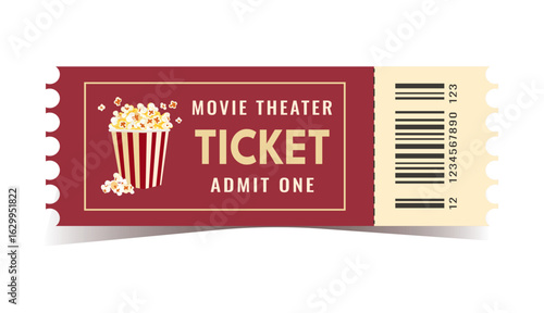 Cinema ticket isolated on white background. Ticket vector design, realistic template, red and white.