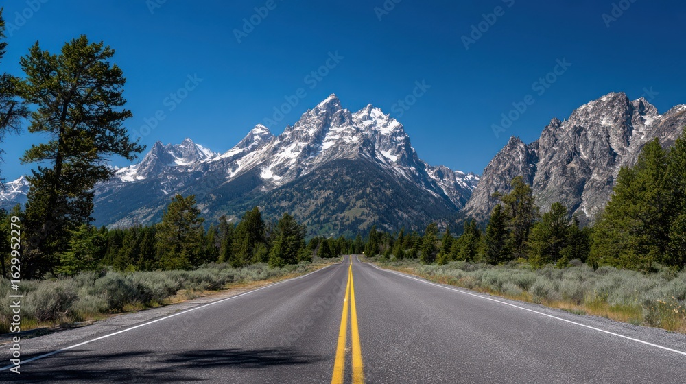 Fototapeta premium Road stretches toward majestic snow-capped mountains under a vibrant blue sky