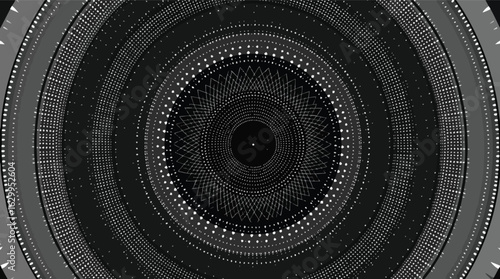 Abstract black and white circular pattern with detailed geometric dot and line designs.