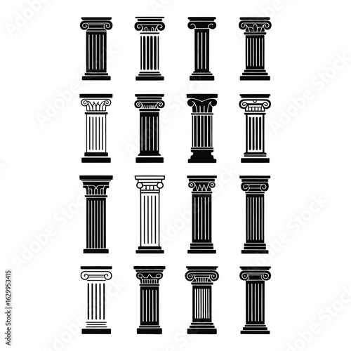 Collection of classical architectural columns in silhouette style