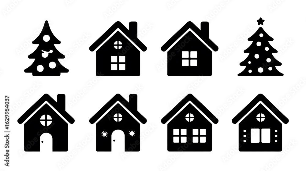 Fototapeta premium Simple black silhouettes of houses and Christmas trees. 