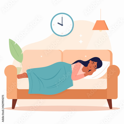 A young woman peacefully sleeping on a comfortable sofa, covered with a blanket, near a clock.