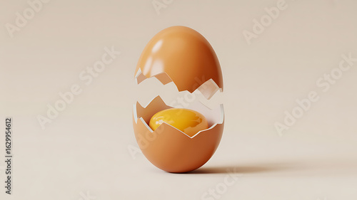 Egg with cracked shell, yolk visible inside.
