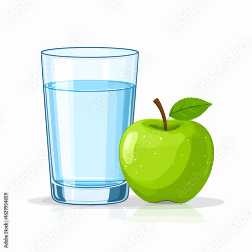 A tall glass of pure water stands beside a shiny, ripe green apple with a stem and leaf.