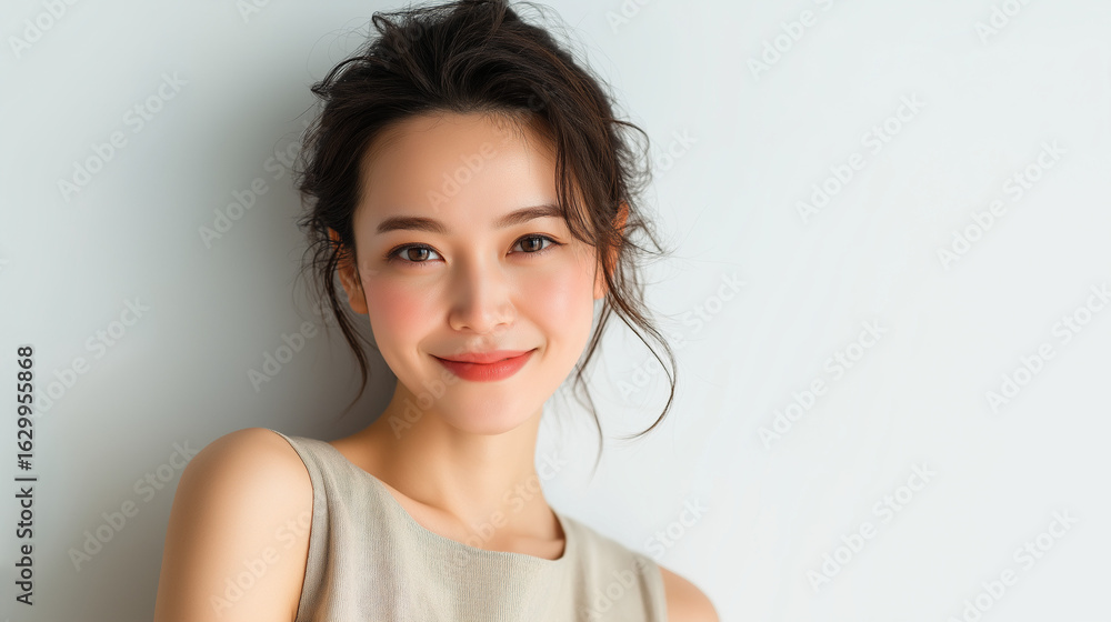 Portrait of a smiling Japanese woman with clear skin and natural makeup Portrait of a smiling Japanese woman with clear skin and natural makeup