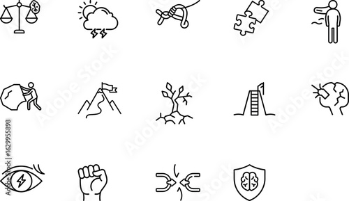 Mental strength and resilience icons with shield, brain, mountain, and storm