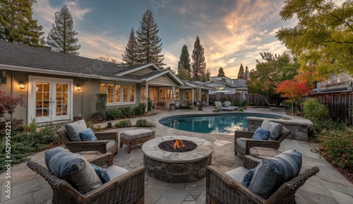 Outdoor patio with fire pit, pool, and house