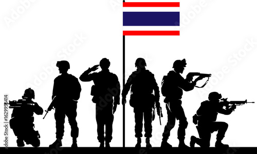 Group of 6 Thai soldiers in full combat uniform, A Thai national flag is visible.silhouette of a salute soldier military salute in black