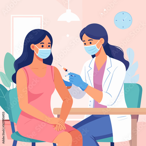 A healthcare professional administers a vaccine injection to a patient wearing a face mask in a bright, modern clinic setting.