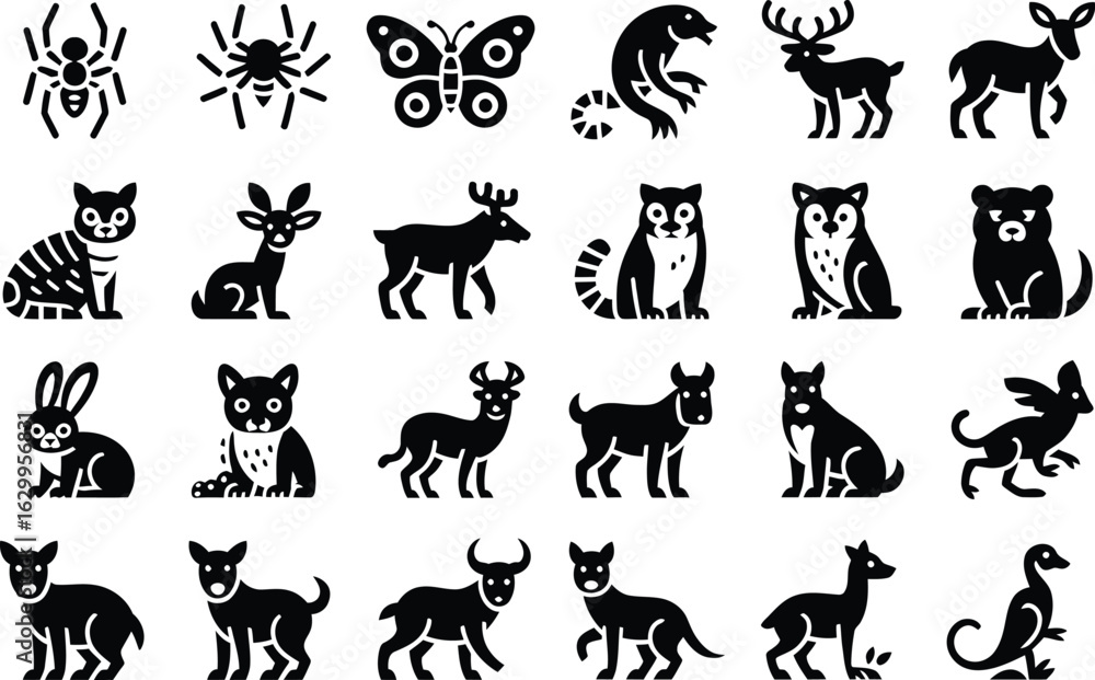 Fototapeta premium Collection of black and white animal icons featuring wildlife and domestic species in a simple vector design