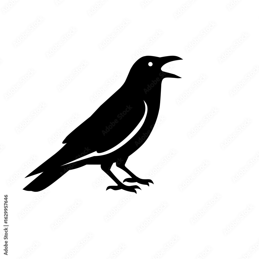Obraz premium Silhouette of a crow standing upright facing left. Suitable for dark nature themes, observation moments, or still character designs