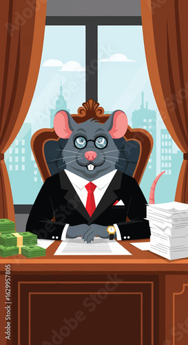 Cartoon rat boss in a suit sitting at a desk with money and documents in an office.