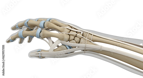 Cuadro en lienzo Detailed hand anatomy 3D rendering showcasing bones ligaments and tendons in a m