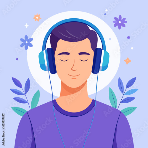 A young man with closed eyes wears large blue headphones, enjoying music or a podcast, surrounded by decorative floral elements and a soft glow.