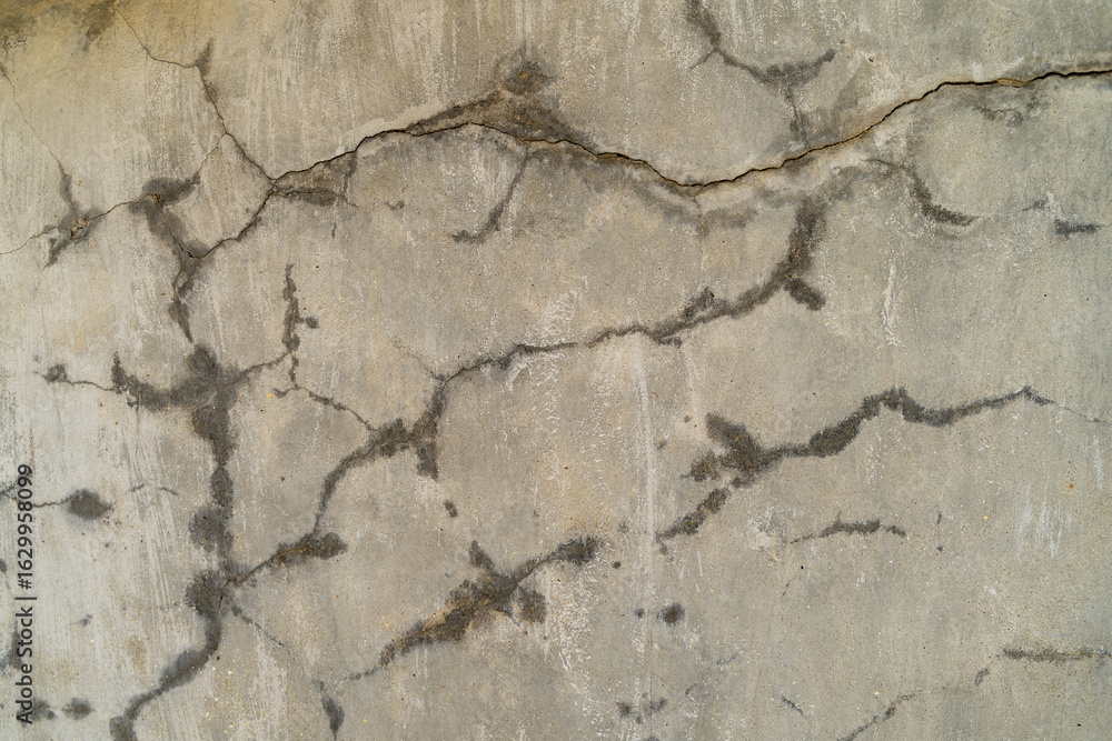 Obraz premium Textured concrete wall with visible cracks and imperfections, showcasing a weathered surface that adds character and depth, ideal for backgrounds in design and architectural projects