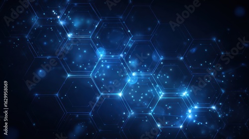 Abstract image of interconnected blue hexagons and glowing particles against a dark backdrop