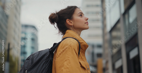 Girl gazes upward on city street at daytime