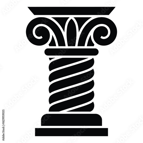 Elegant ionic column with volutes and twisted shaft in black and white