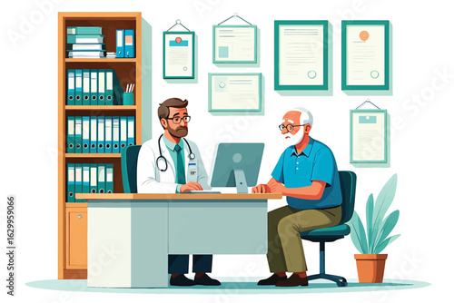 Medical consultation with a senior man in a doctor's office vector illustration