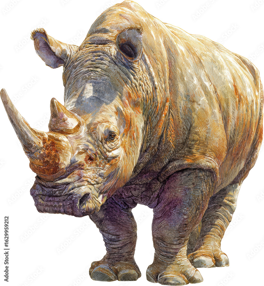 Fototapeta premium A detailed illustration of a rhinoceros standing majestically on a transparent background isolated on transparent background