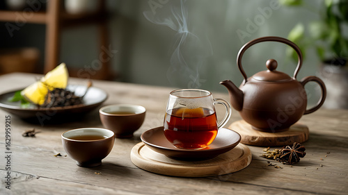 A steaming cup of tea, surrounded by traditional teaware.
