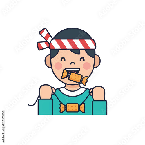 A cheerful cartoon boy wearing a striped headband, happily biting into a piece of wrapped candy while holding another on a string.