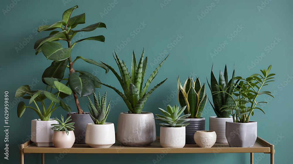 Fototapeta premium A variety of houseplants arranged on a gold metal shelf. 