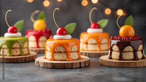 Colorful mini cakes with dripping glaze, festive and delicious.
