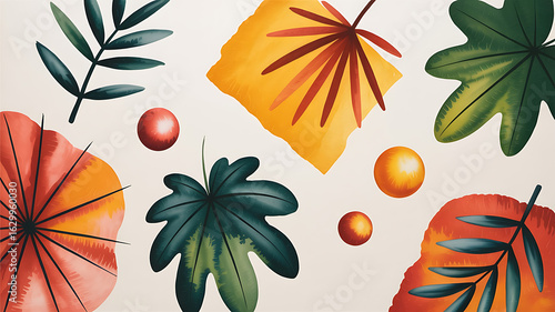 Colorful leaves and abstract shapes on a white background.
