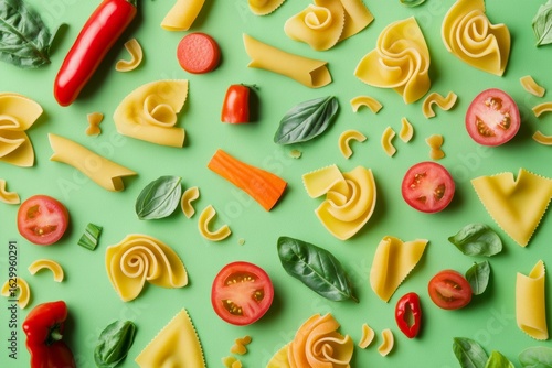 Wallpaper Mural Colorful pasta and vegetables flat lay on green background Torontodigital.ca