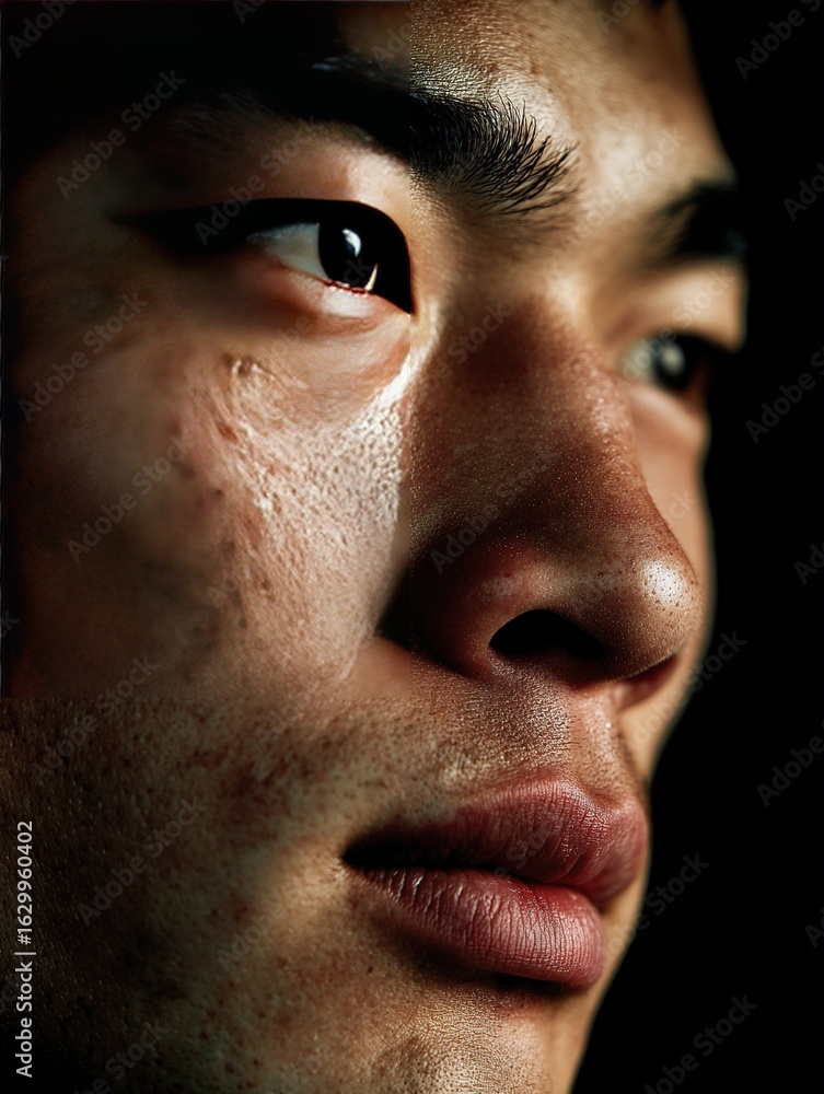 Obraz premium Close-up portrait of a young Asian businessman with a pensive expression, standing against a solid black background with soft rim lighting outlining his facial features.
