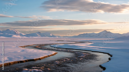 Frozen river winds through a snowy landscape.
