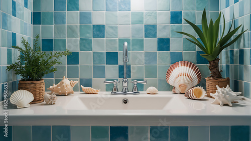 Coastal-themed bathroom vanity with blue tile and seashells.
