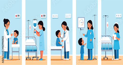 A vector illustration set of a female doctor and nurse providing medical care to a child patient in a hospital.