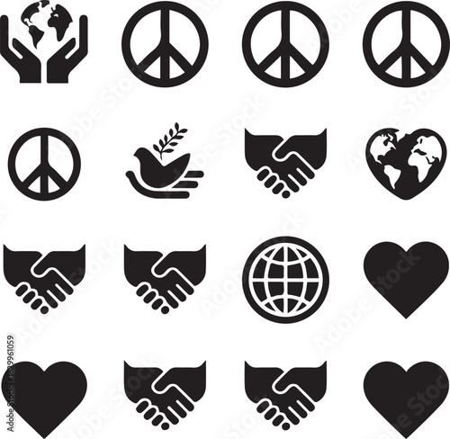 Peace and Unity Icons Set Global Love, Diversity, Harmony, and Hand Symbols
